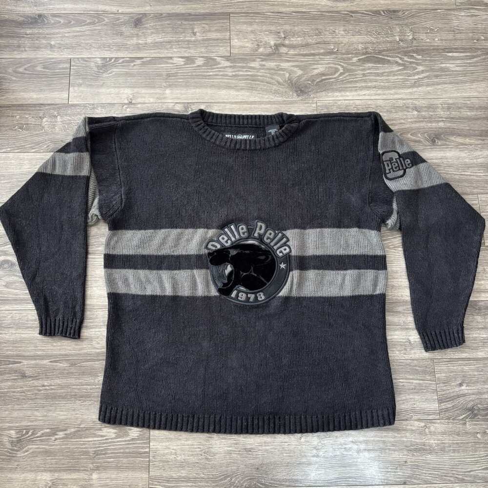 Vintage Pelle Pelle Sweater Mens‎ XL Black Grey Jaguar Sweatshirt Y2K Knit 50MRB